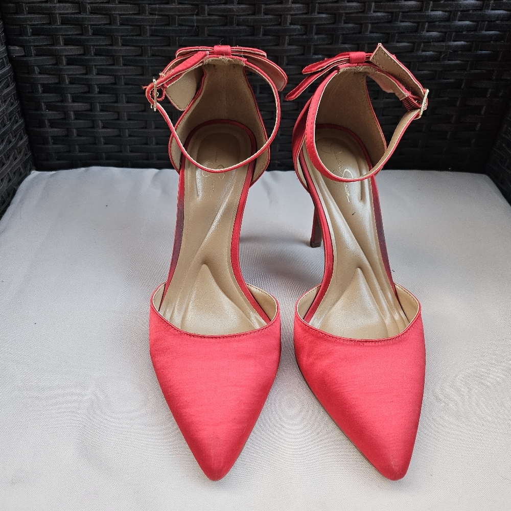 Red satin stiletto heels